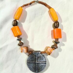 Artisan Tribal Statement Chunky Necklace Silver-Tone Amulet Boho Ethnic